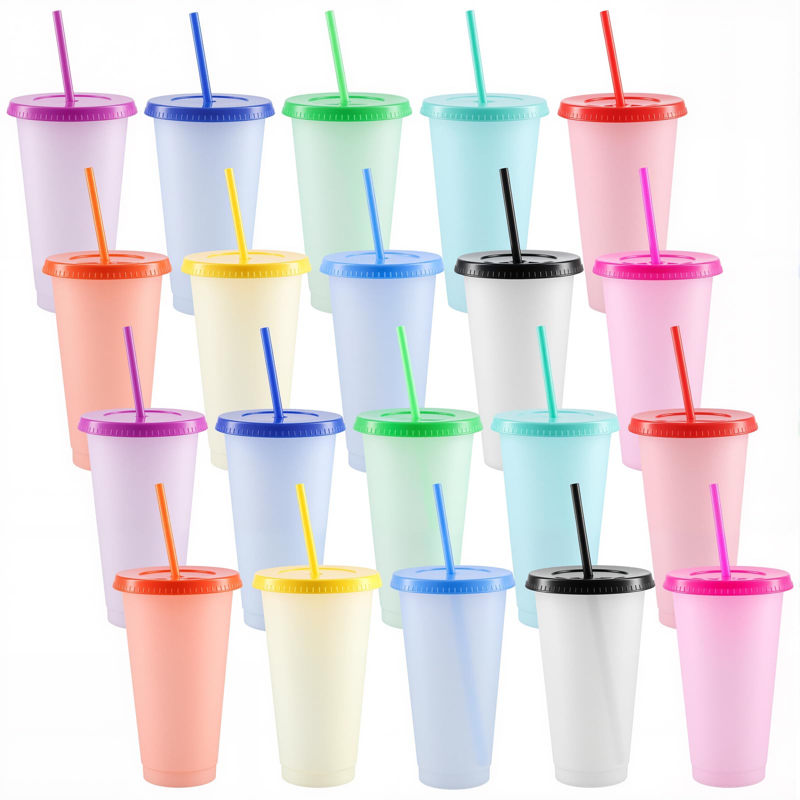HEIHAK 20 Pack 24oz Color Plastic Cups with Lids and Straws, Colour Changing Cups Reusable Beverage Cup for Party, Milk Tea Shop, Daily Drinking Water Use