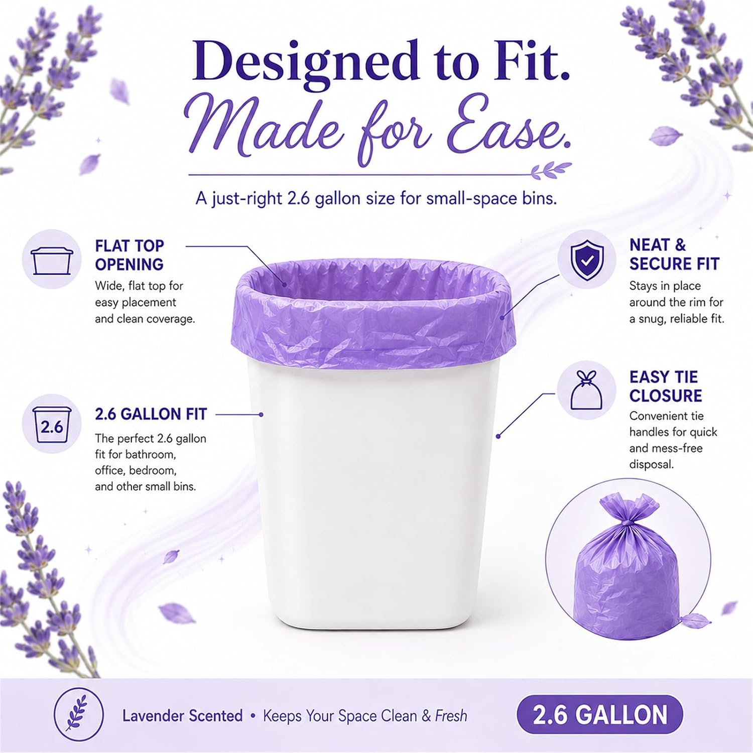 2.6 Gallon Trash Bags, lavender Scented Small Garbage Bags, Bedroom Trash Can Refills, 80 Count, image 3