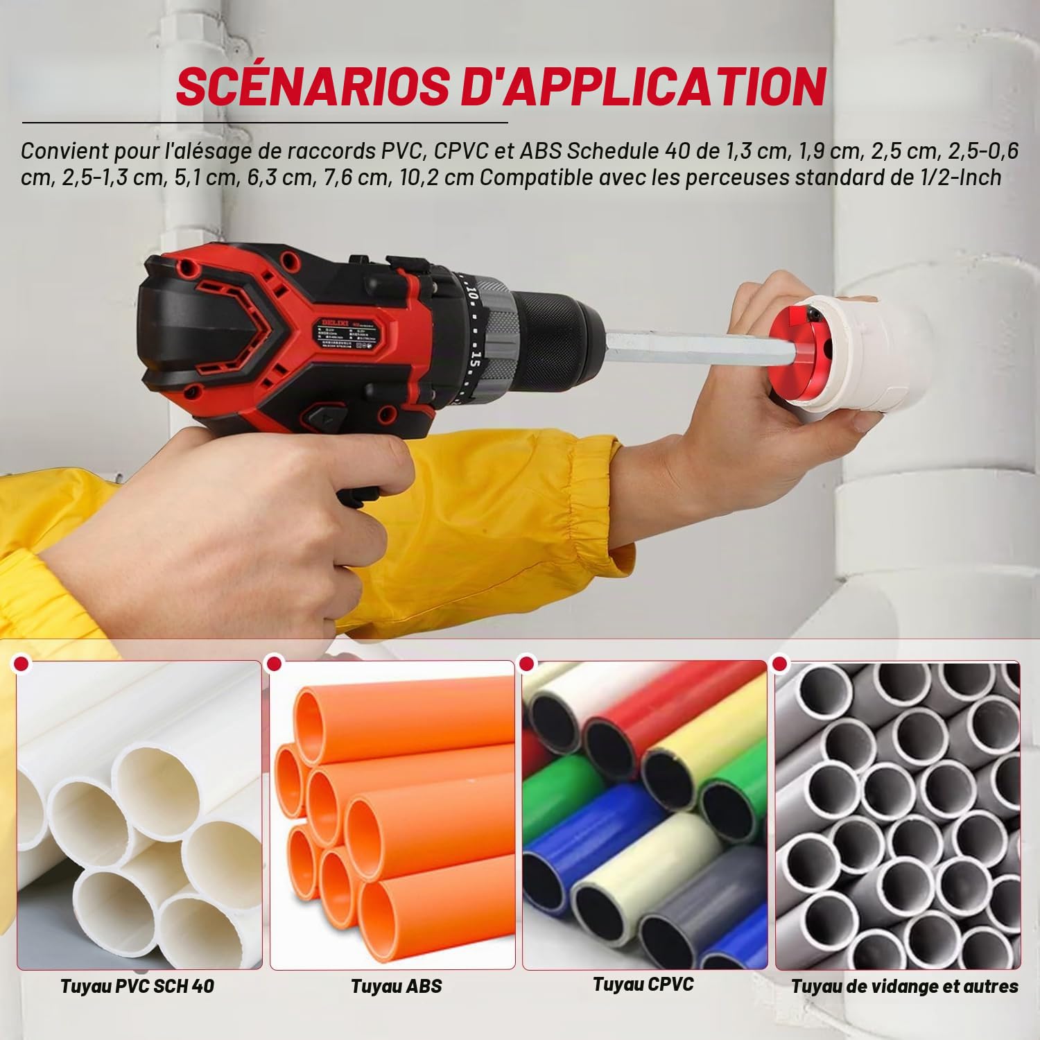 Kit d'alésoir pour tuyau PVC 9 pièces pour perceuses de 1/2" - Alésoir à coupe intérieure de 1/2", 3/4", 1", 1-1/4", 1-1/2", 2", 2,5", 3", 4" pour PVC, CPVC, ABS, conduits et tuyauterie industrielle
