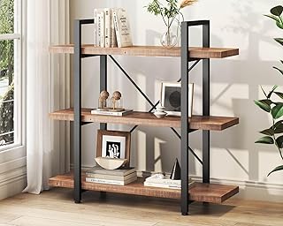 HSH Solid Real Wood Bookshelf, 3 Tier Rustic Vintage Industrial Book Shelf, Small Short Etagere Natural Wooden Bookcase, Open Metal Farmhouse Solid Wood Book Shelf, Distressed Brown