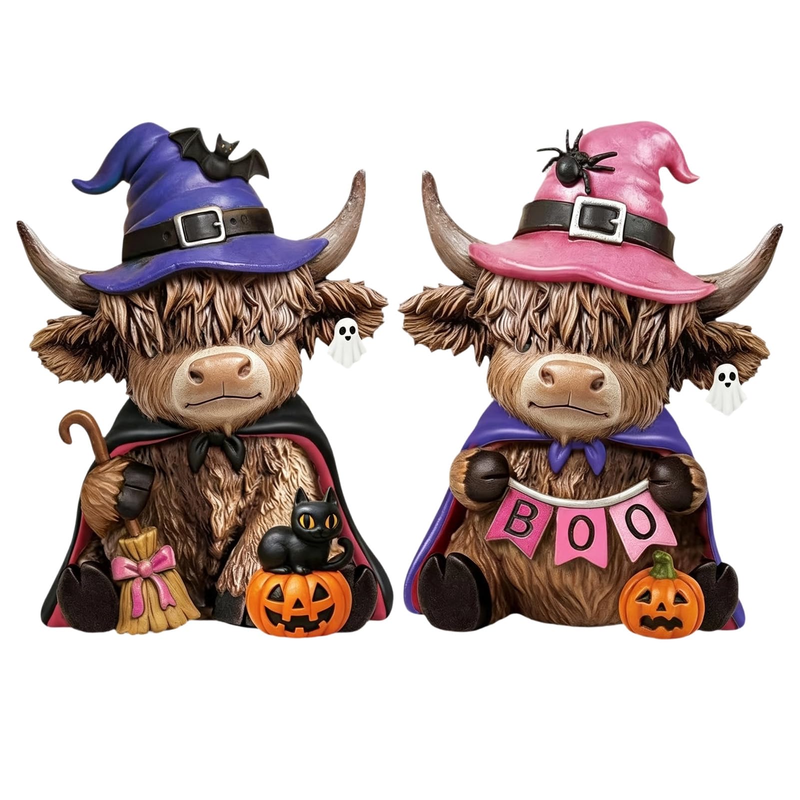 Virelynx Highland Cow Figurines, 2 Pcs Halloween Witch Ornament Decor