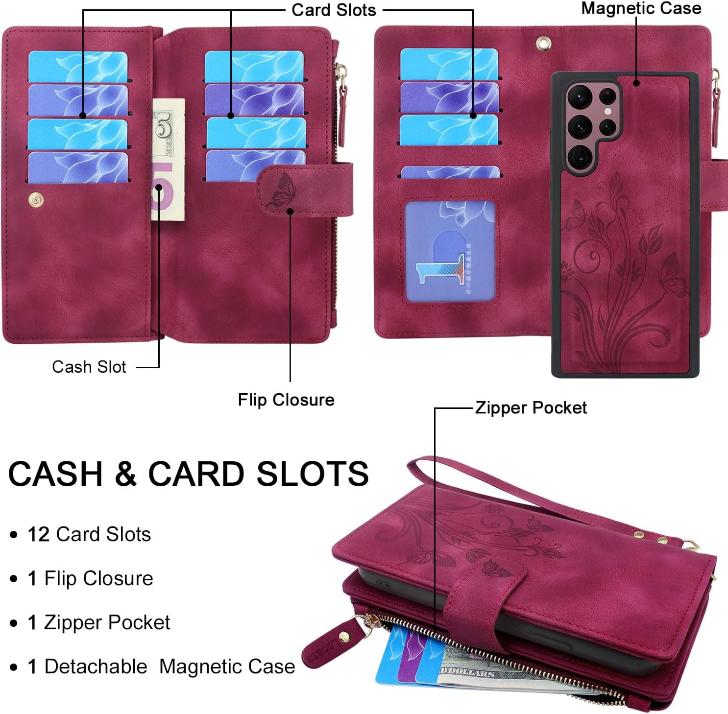 Lacass for Samsung Galaxy S22 Ultra Case [12 Card Slots] ID Credit Cash Holder Zipper Pocket Detachable Magnet Leather Wallet Cover Wrist Strap Lanyard (Floral Wine Red)