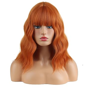 MAGQOO Dark Orange Wig Women Girls Red Copper Wig Ginger Bob Wig Short Curly Wavy Auburn Pelucas with Bangs Synthetic Heat Resistant Cosplay Costume Party