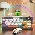 FREEWOLF T96 Clavier de jeu et peigne de souris sans fil pour affichage intelligent 94Key LED Clavier en membrane silencieuse rechargeable d'éclairage avec des couteaux, 2000mAh Batterie, 6-Button 4KDPI Souris pour gagner/Mac(Glimmer)
