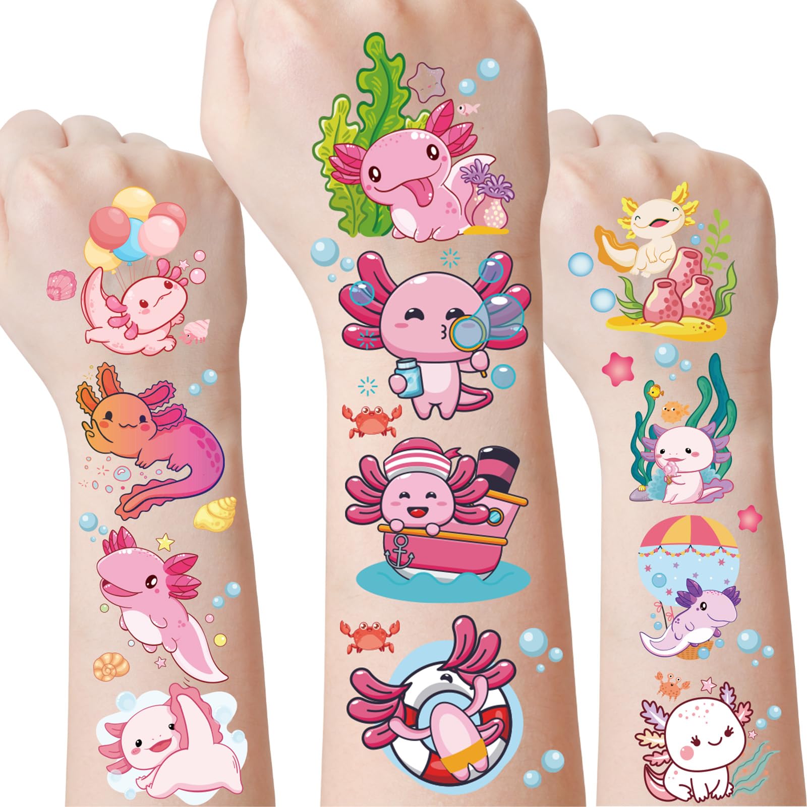 Pink Cute Axolotl Temporary Tattoos - 8 Sheets 200 Pcs Axolotls Birthday Party Decorations Supplies Kawaii Reptile Animals Salamander Tattoo Stickers