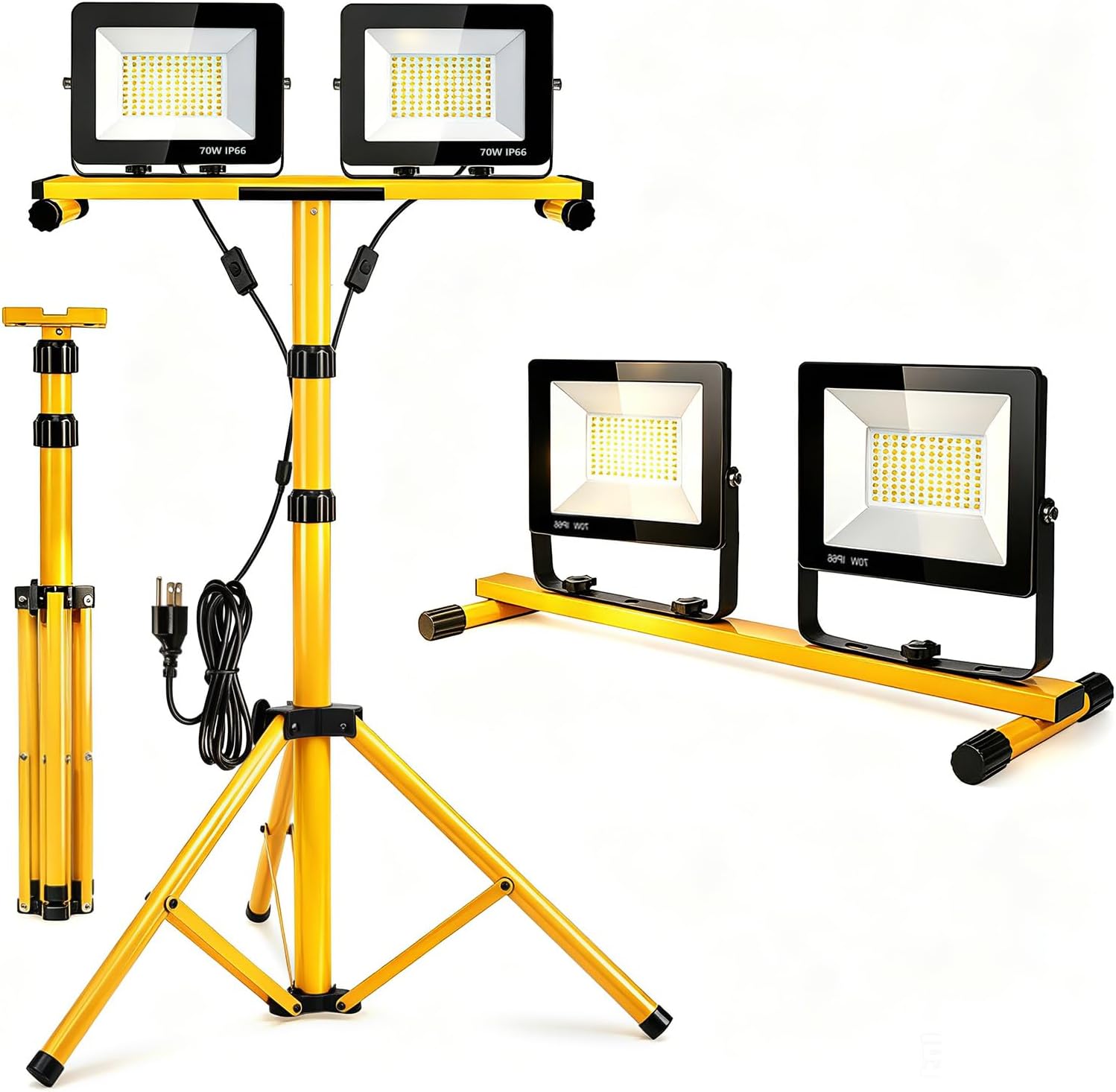 22000 Lumen Work Lights with Stand, 3 Adjustable Head LED Work Light, with Adjustable and Foldable Tripod Stand, Waterproof Lamp with Individual Switch with 6500 Kelvin Color （3head Yellow）