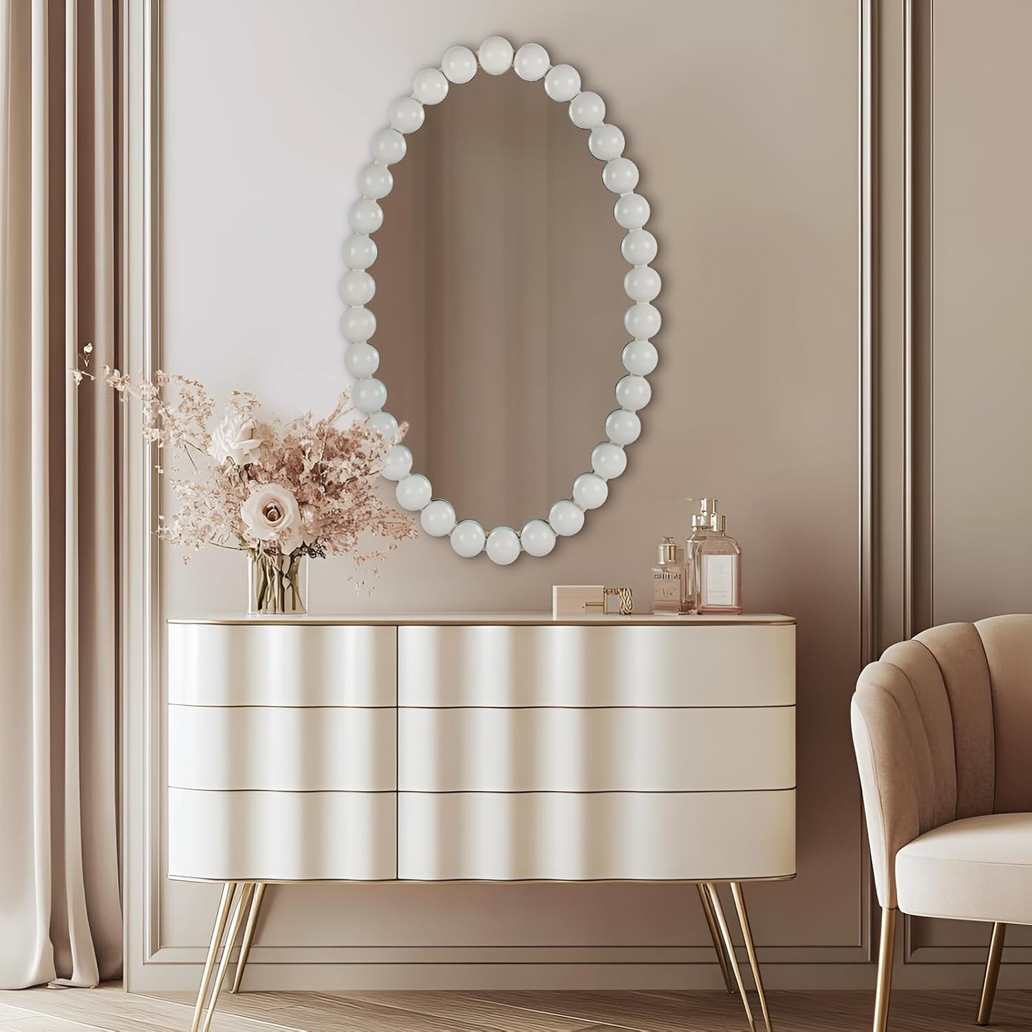 Oval Round Wall Mirror - 30 Inch Decorative Framed Bathroom/Living Room Accent Mirror with Beaded Ball Trim - Vintage Modern Style White Mirror