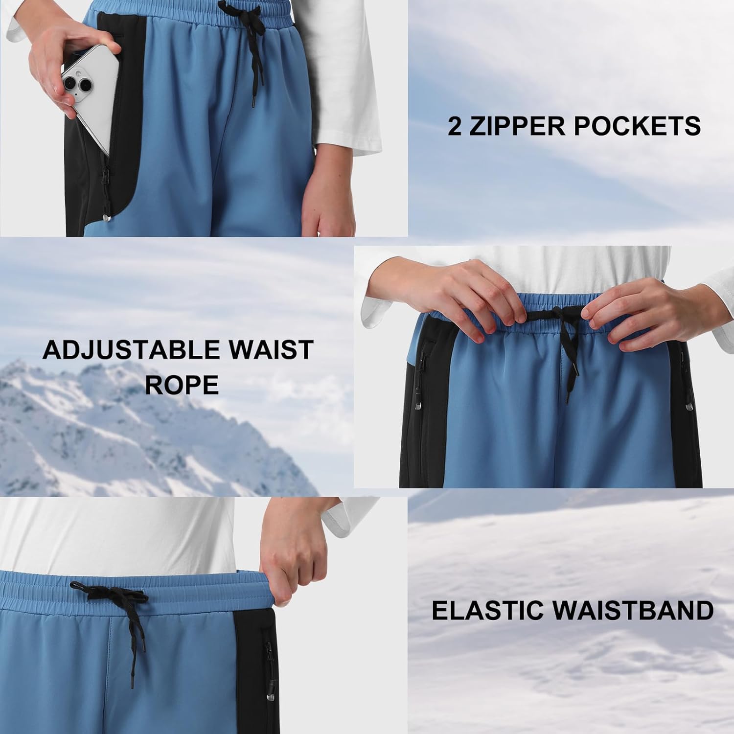 Kids Fleece Lined Snow Ski Pants Boys Girls Hiking Outdoor Pants Waterproof Elatsic Waist Insulated Trousers