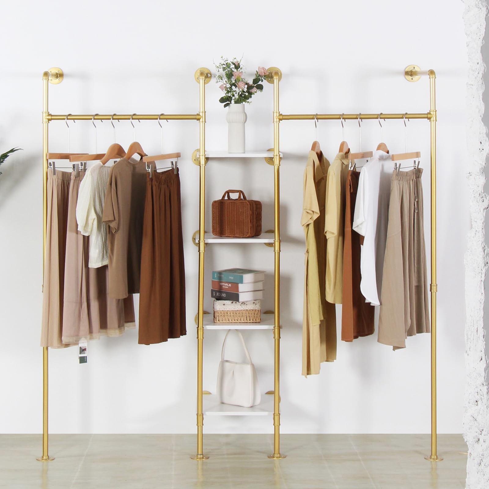 Industrial Pipe Gold Clothing Rack with Shelves, Retail Display Wall Mounted Storage Clothes Hanging Shelf Gold Pipeline Hanging Rod Steampunk Style, 4 Tier Wood Garment Rack 72.8x71inch