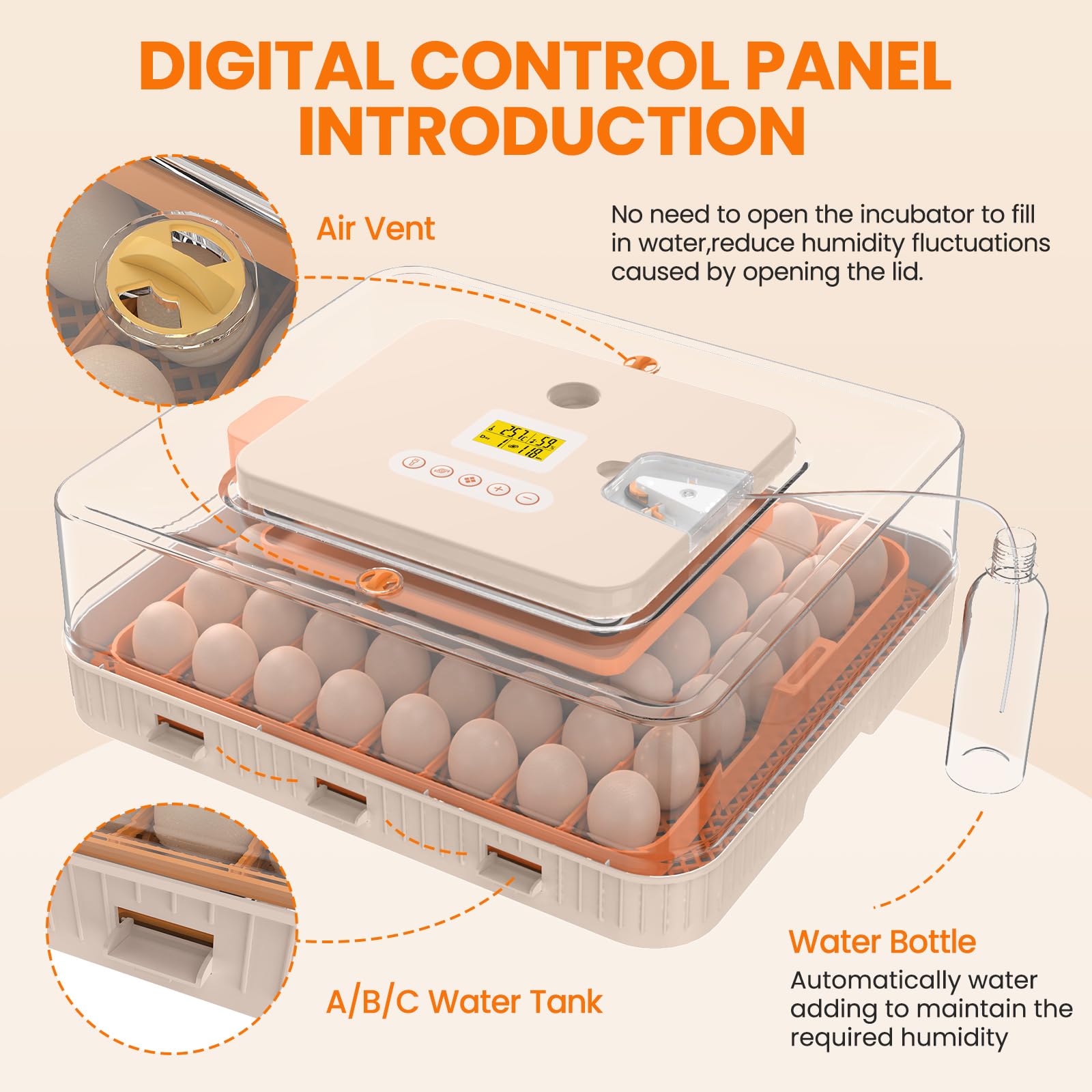 Incubadora de Huevos Automática 56 Huevos, Incubadora Huevos Gallina, Volteo y Recarga de Agua Automáticos, Pantalla + Alarma Temp/humedad, para Huevos Gallina, Pato, Codorniz