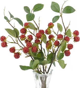 Artificial Raspberry 3Pack, Simulated Raspberry Branch Lifelike Flowers Plant Berries for DIY Home Kitchen Wedding Party Decoration Photography Props14.96Inch, Strawberry Red