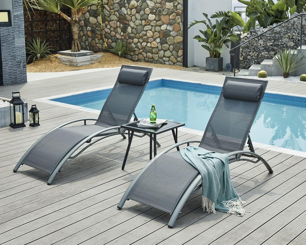 PROHIKER Chaise Lounge Chair with Headrest, Set of 2 Aluminum for Sunbathing On Outdoor Patio Beach Pool Backyard Lounge Chair Set of Adjustable Recliner Aluminum Frame 2(Grey) : Patio, Lawn & Garden
