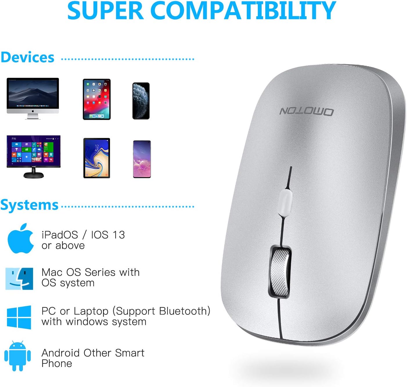 OMOTON Bluetooth Mouse for iPad and iPhone, Dual-Mode (BT 3.0 + BT 5.0) Ultra-Slim Bluetooth Mouse with 3 Adjustable DPI Compatible with iPad, Laptop, PC, Notebook, Mac Series and More (Silver)