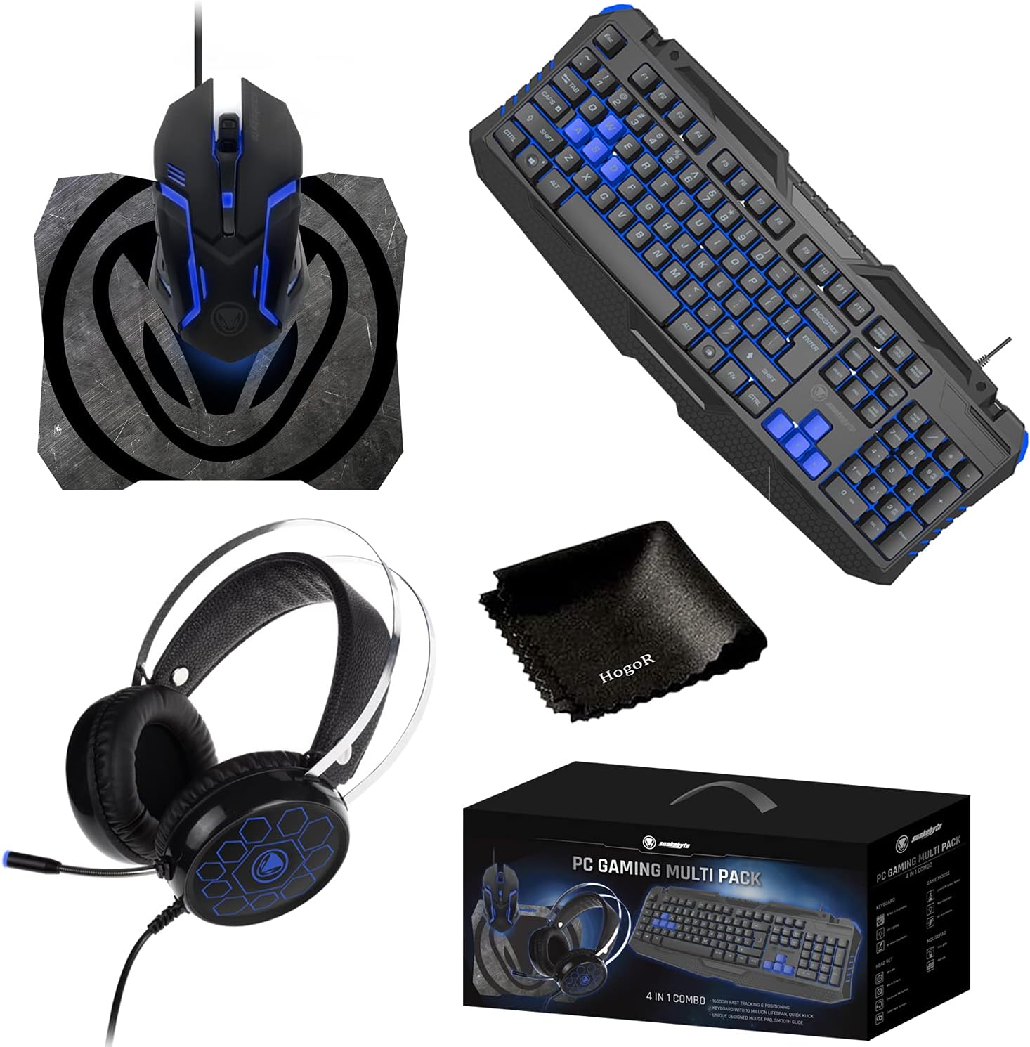 HogoR Combo : Snakebyte PC Gaming Multi-Pack 4-In-1 Multi Pack Of USB Keyboard,Mouse,Mouse Pad,Headset With Lens Cleaning Cloth