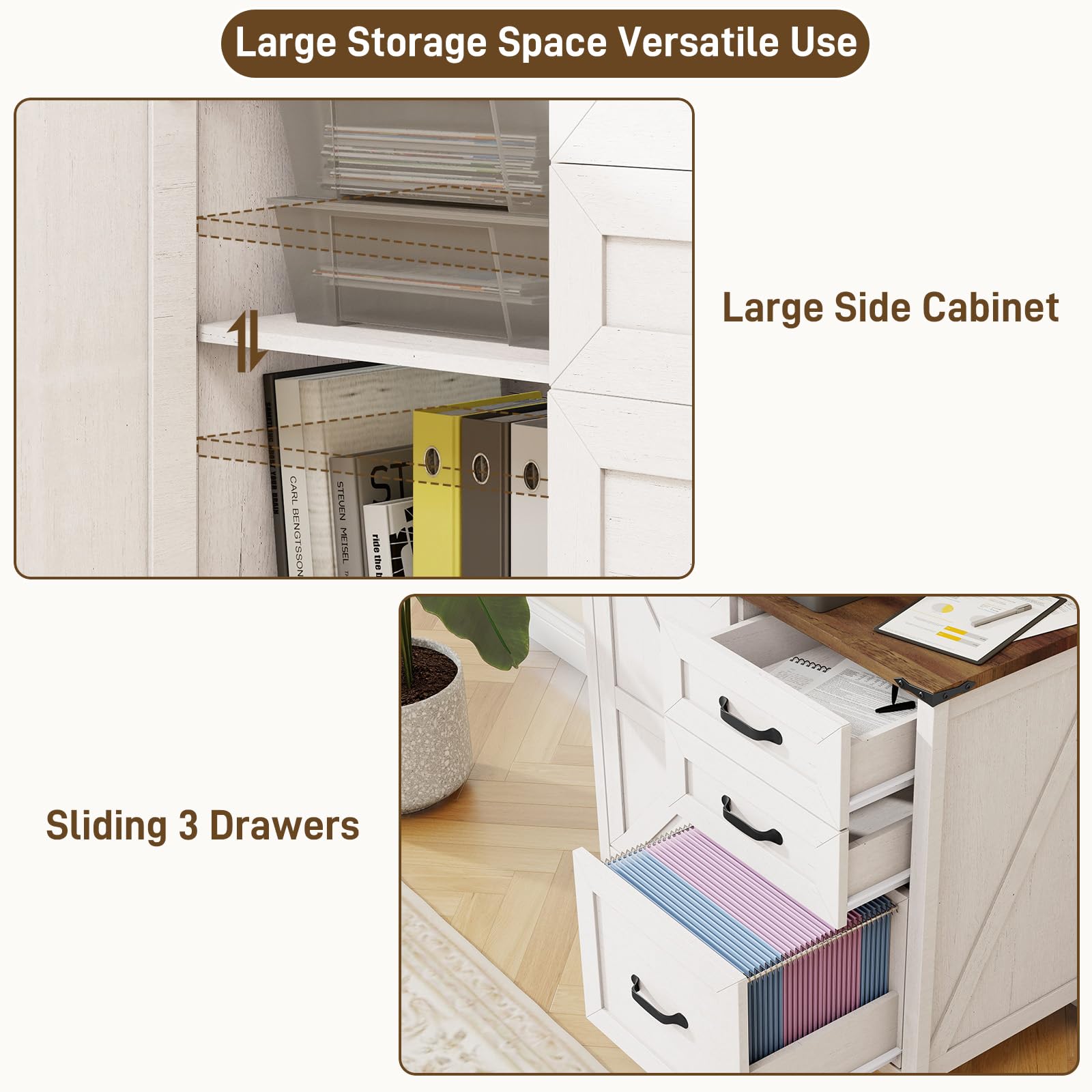 BonVache Aktenschrank mit 3 Schubladen & Tür, Landhausstil Schubladenschrank aus Holz, Weißer Büroschrank für Homeoffice, Schrank mit Druckerablage, geeignet für A4/Letter Hängeregister