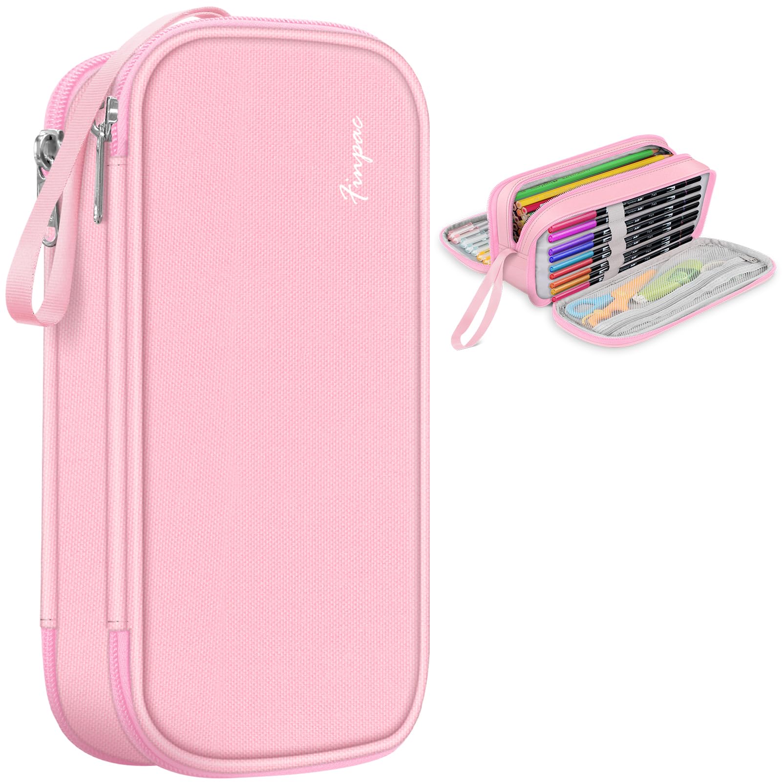 FINPAC Estuche Escolar con 3 Compartimentos, Gran Capacidad Bolsa de Lápices, Portalapices Organizador Neceser Maquillaje para Niñas Niños Adolescentes Estudiantes Adultos, (Rosa)