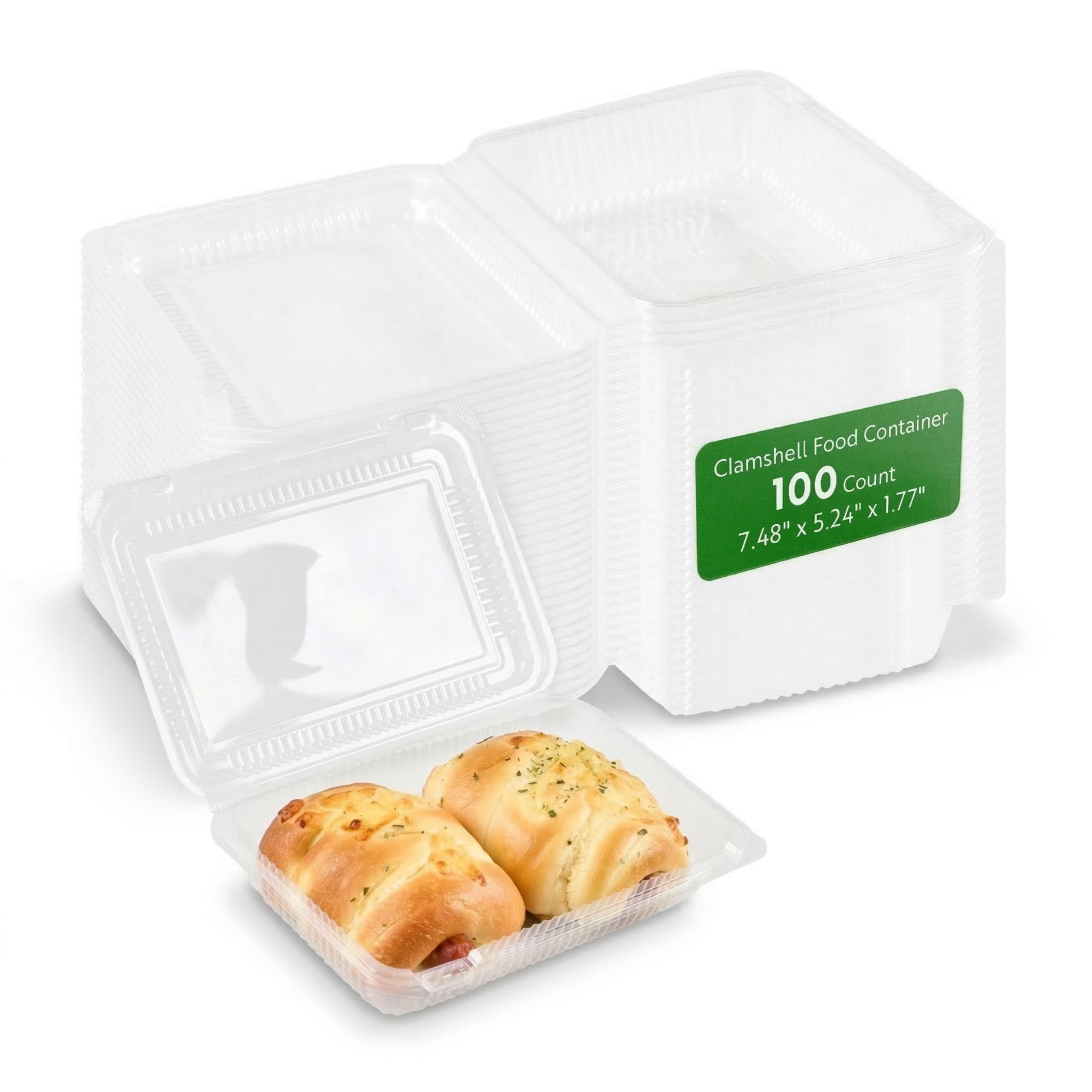 Restaurantware Thermo Tek - Contenedores de alimentos de 7.5 x 5.24 x 1.7 pulgadas, 100 recipientes rectangulares de concha - Contenedores de plástico transparente duraderos, resistentes, para
