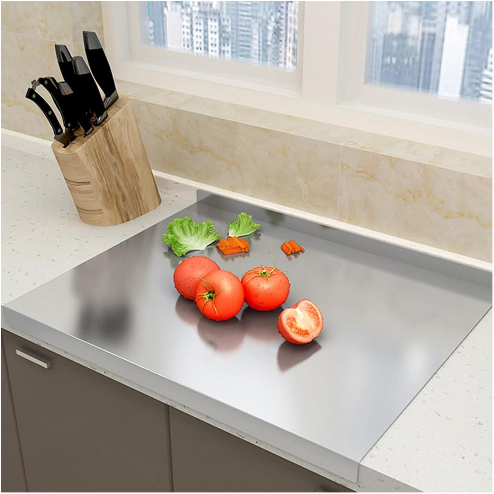Tabla de cortar de acero inoxidable con protección de bordes, incluye rodillo y raspador de repostería para preparación de cocina