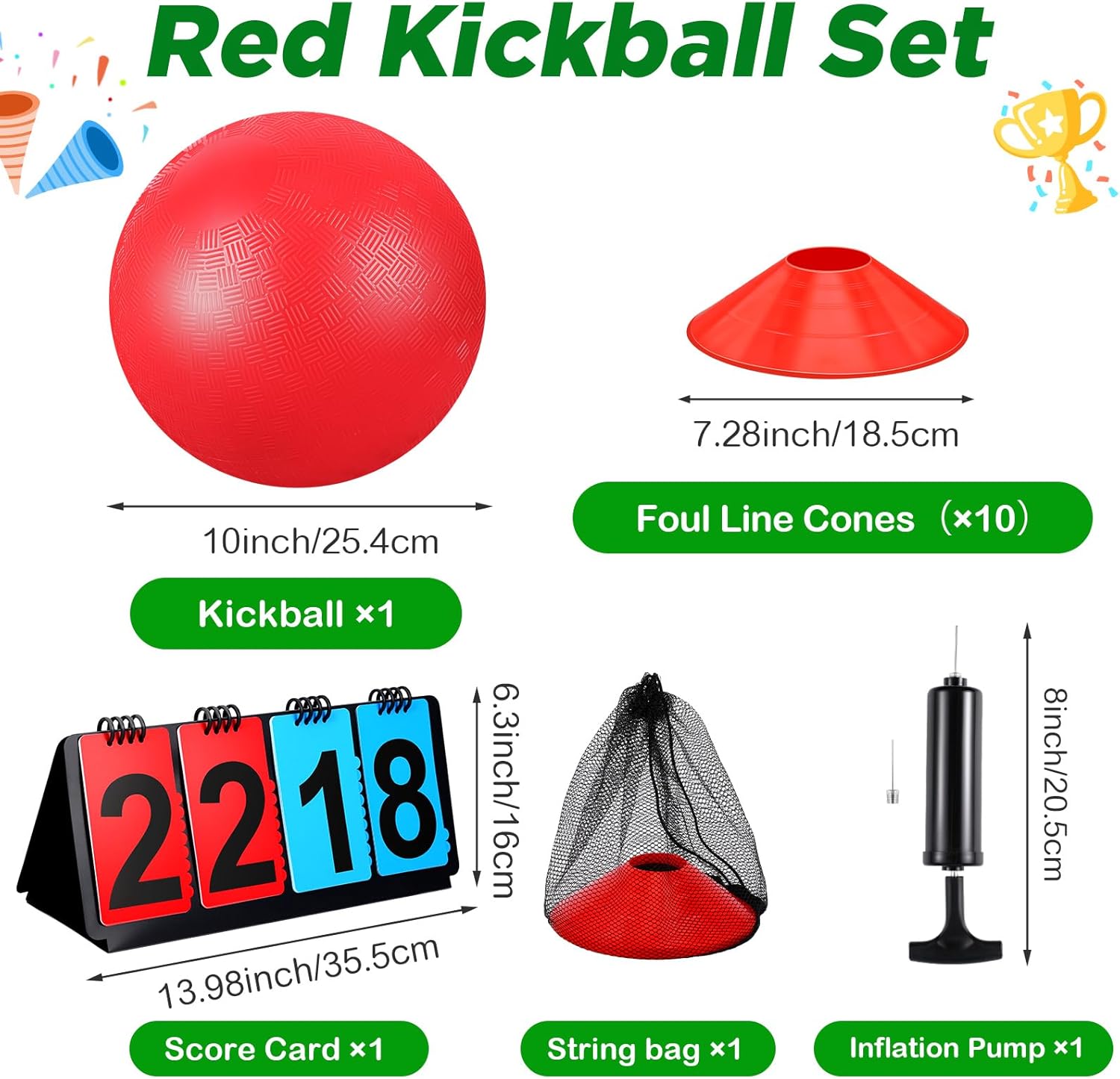 Jenaai 18 Pcs Sports Kickball Set Includes Playground Ball 5 Rubber Throw Down Bases Ball Pump Scoreboard Net Bag 10 Foul Line Cones for Adults Playground Backyard Game (10 Inch,Red)