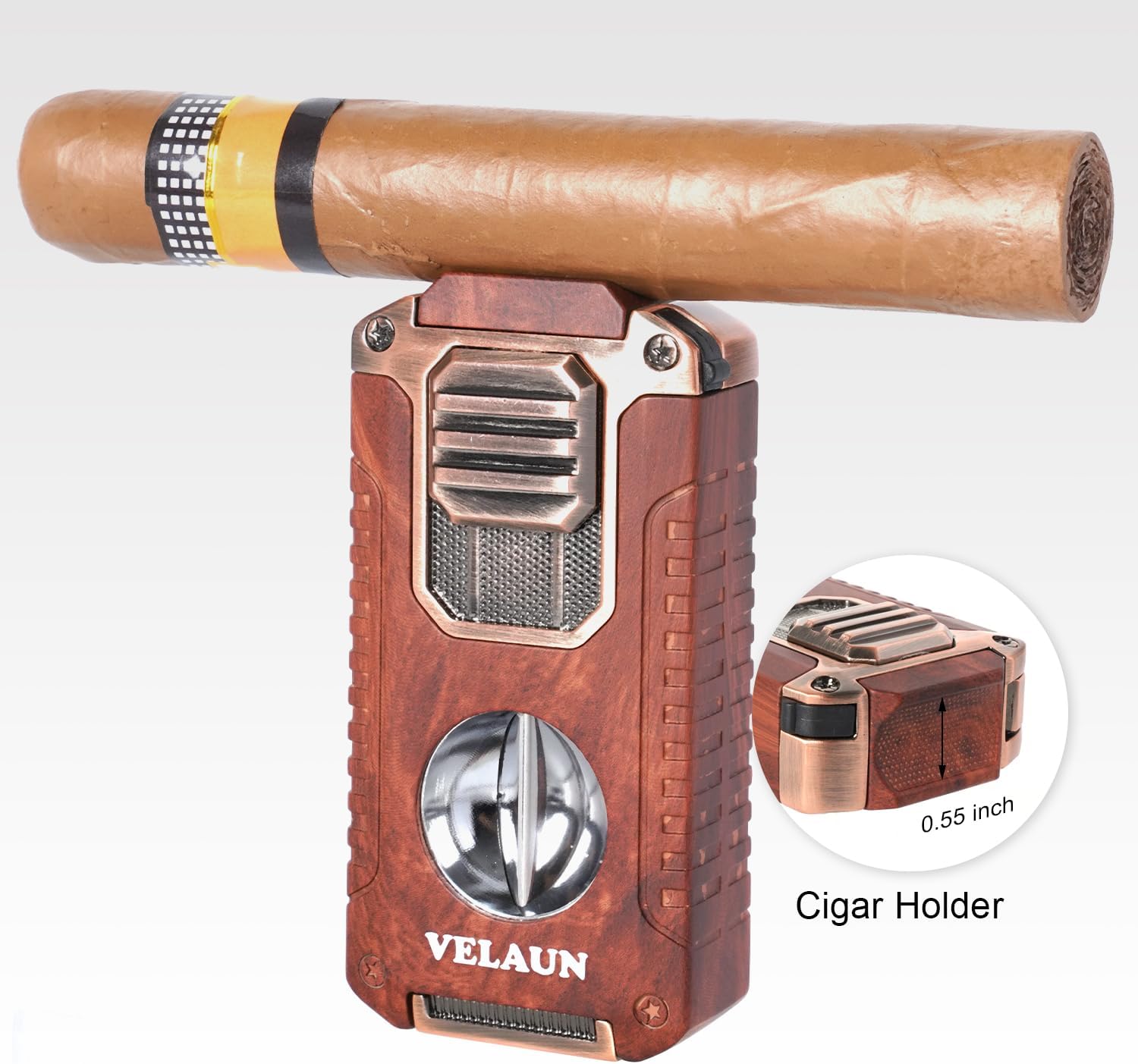 Torch Cigar Lighter, All in One Butane Lighter with Cigar Cutter, Punch & Holder, Cool Triple Jet Flame for Cigar, Candle and Kitchen Use, Refillable, Red Wood, No Butane Included