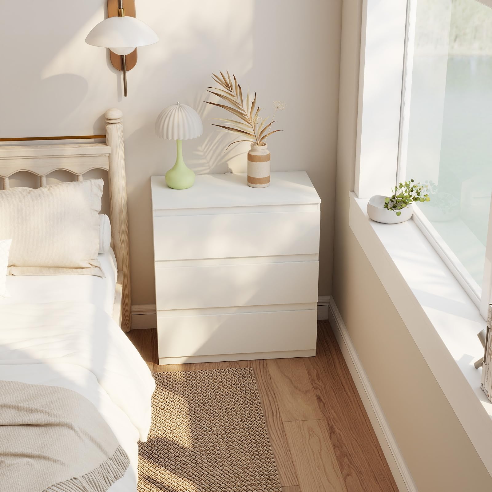 Cómoda Blanca Dormitorio con 3 Cajones Mesilla de Noche Estrecha 40cm Cajonera de Armario Interior Moderna Mueble Auxiliar para Oficina y Pasillo 70x40x75 cm