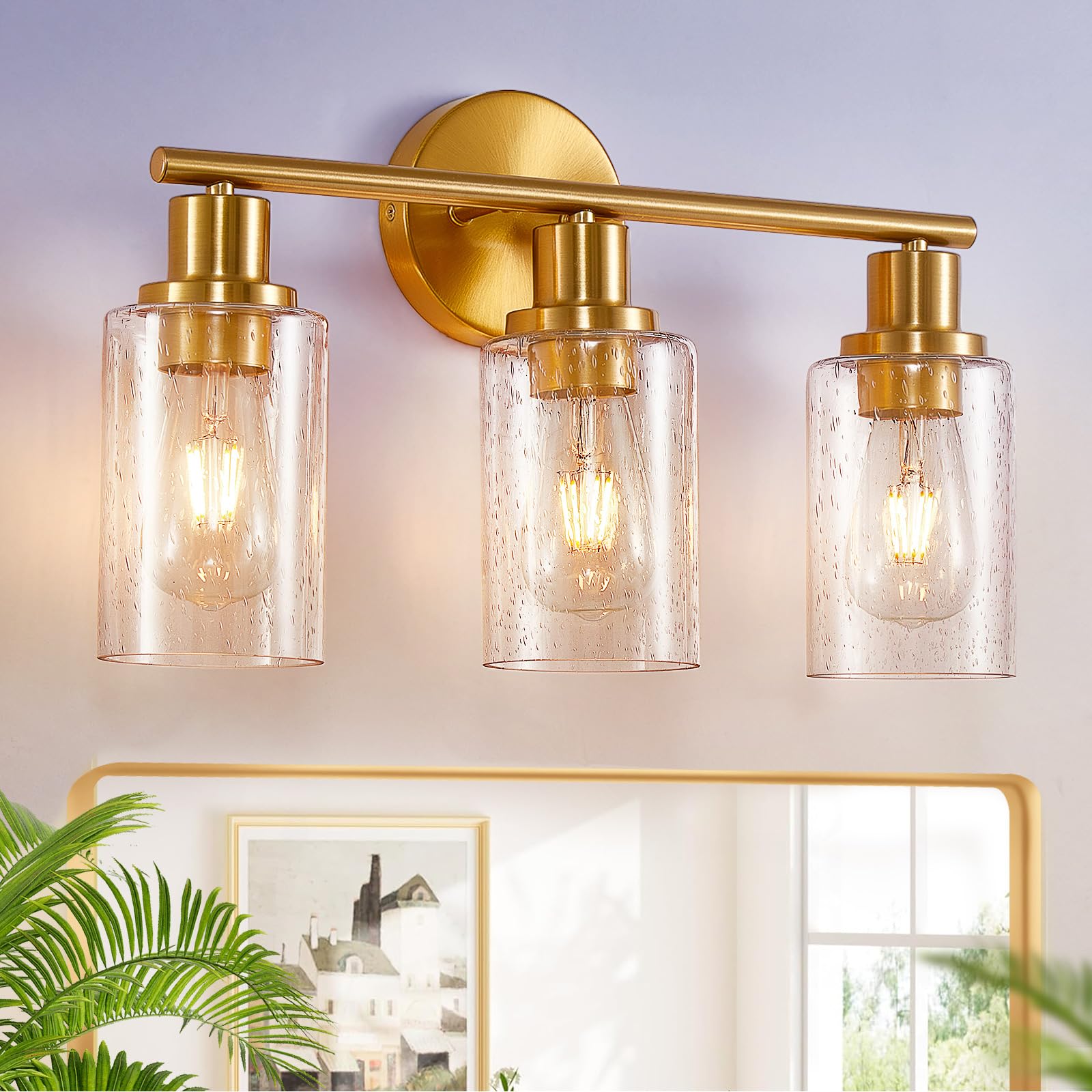 Photo 1 of **MISSING ONE LIGHT SHADE** DLLT 3-Light Bathroom Light Fixtures: Gold Modern Vanity Wall Lights with E26 Bulbs - Bubbled Glass Shade Bathroom Wall Lamp for Mirror Kitchen Living Room Hallway Cabinet Porch