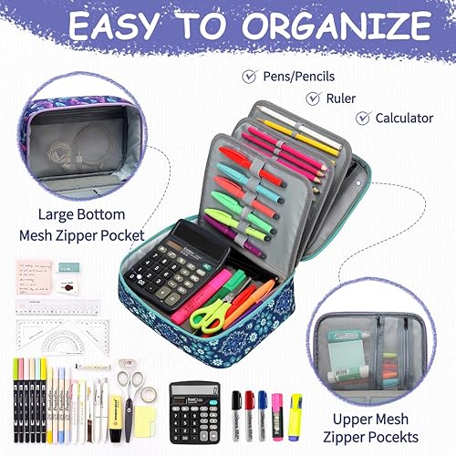 Miniatura 4 de VASCHY Estuche grande para lápices, organizador de marcadores de suministros de arte, bolsa grande para bolígrafos con 3 ranuras de capas