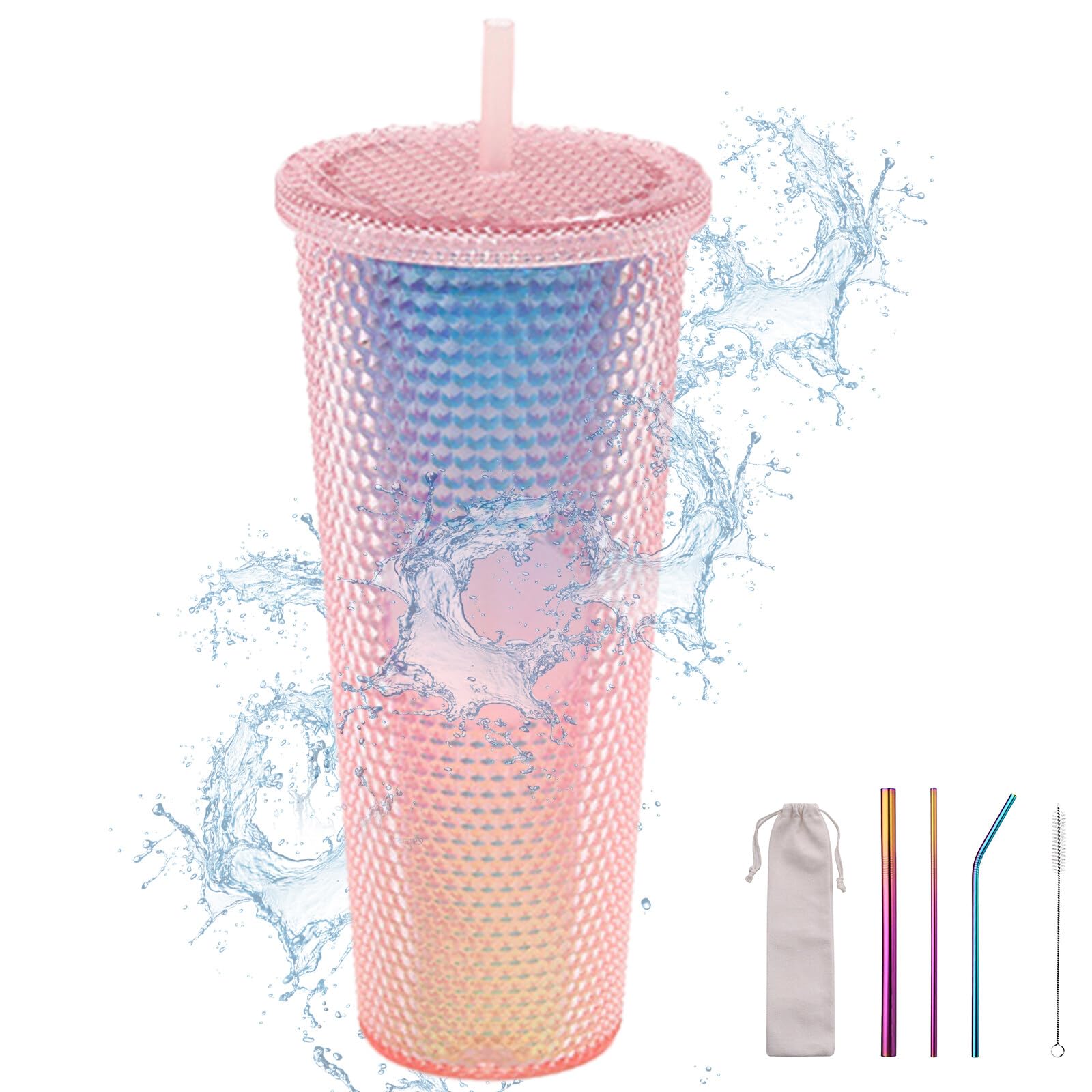 Gobelet à Rivets Cresbel avec Couvercle et Paille - 710 ml - Rose