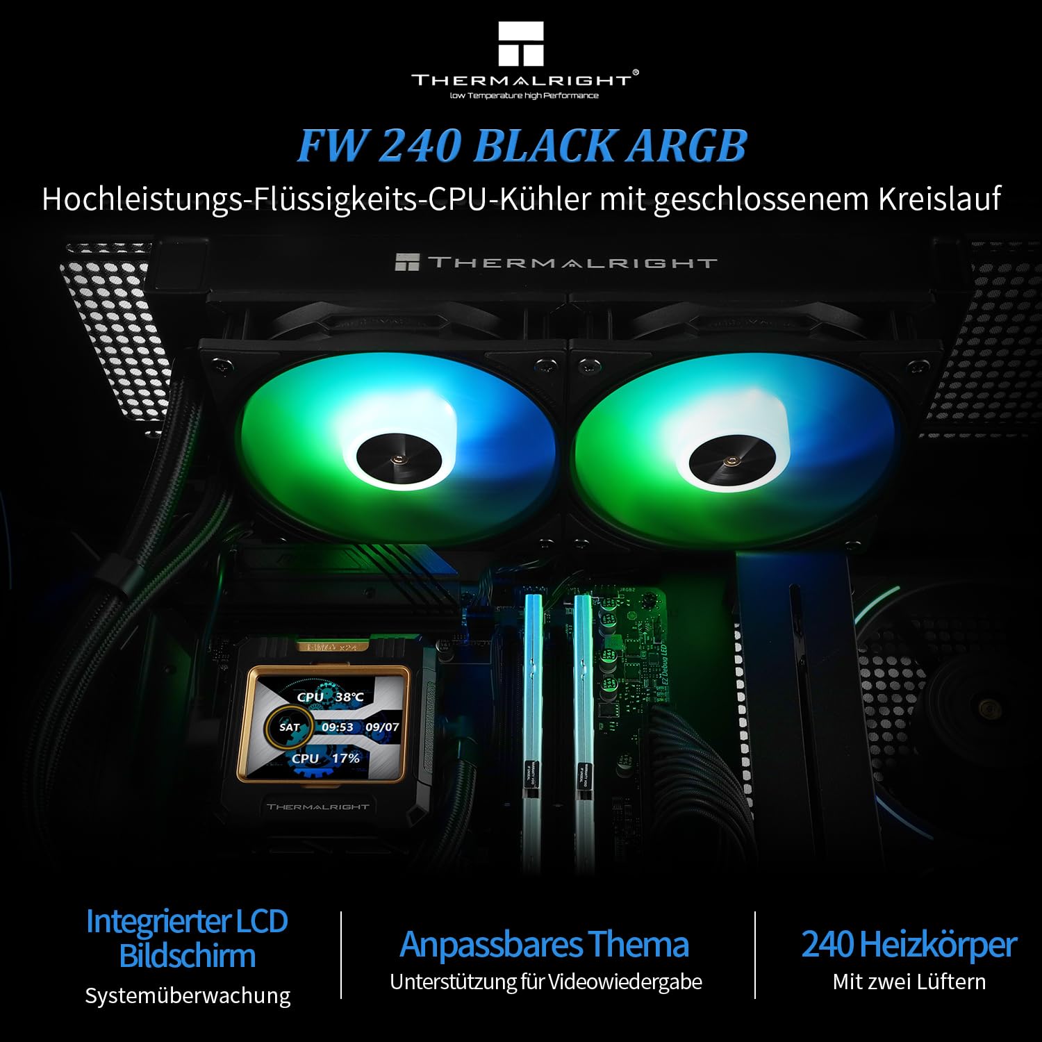 Thermalright FW 240 Nero - Raffreddamento ad acqua ARGB con 2 ventole PWM, schermo LCD IPS 320 x 240, sistema di raffreddamento liquido per CPU Intel PC Aio: AM4/AM5/LGA1700/1851