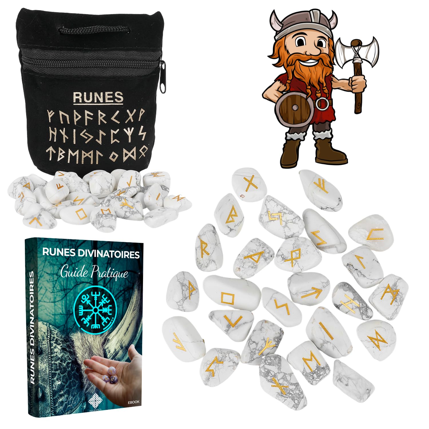 Runes Divinatoires VIKINGS - Pack de 25 Runes en Pierres Naturelles en HOWLITE Gravées 💎 (2cm x 1cm) + Sac Noir + Ebook Pratique (PDF) - Alphabet Runique Futhark parfait pour Divination, Voyance