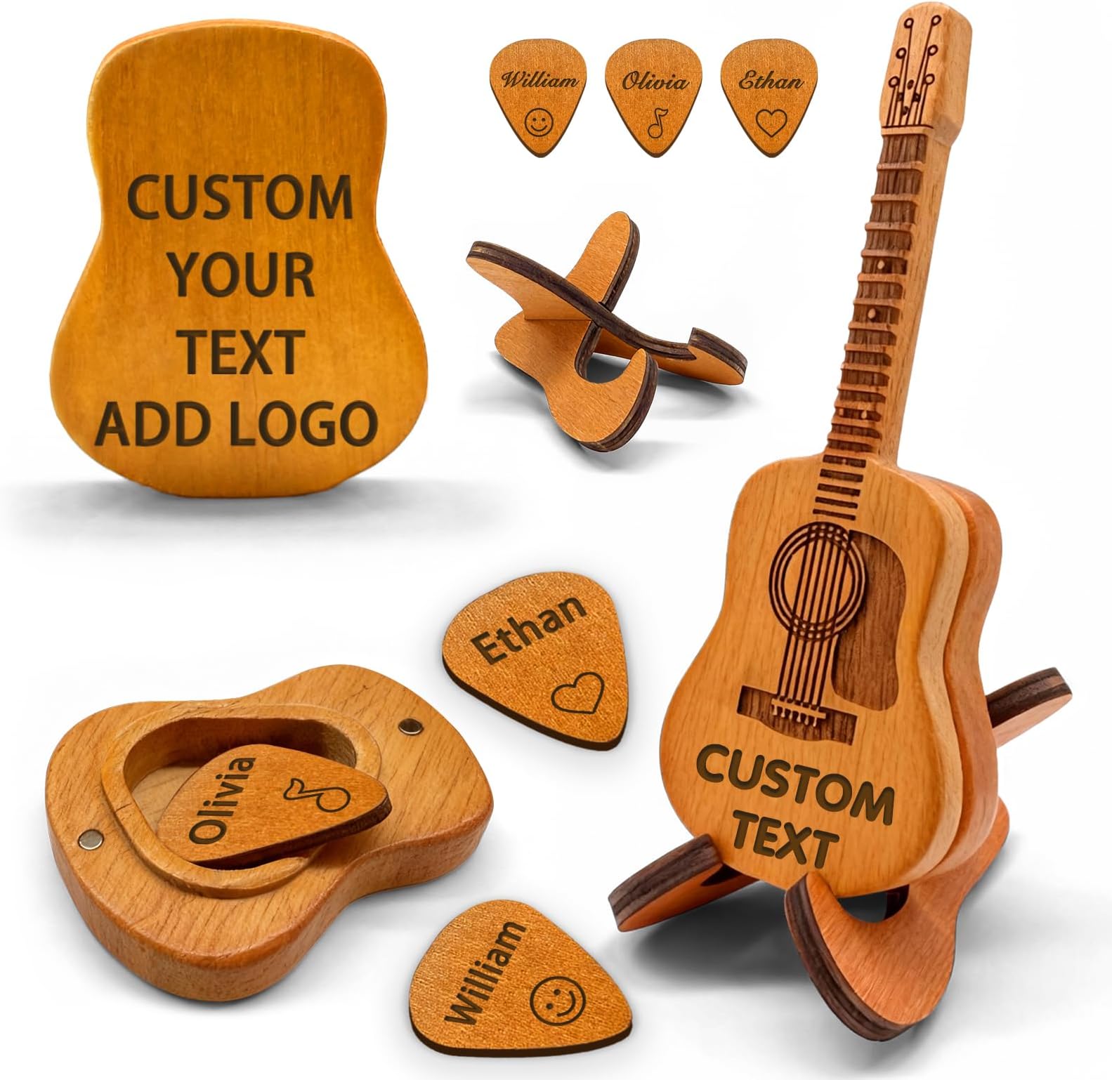 Personalized Wooden Guitar Pick Holder Custom Engraved Name Logo Text Guitar Picks-3Pcs, Mini Storage Guitar Pick Case Box Holders Display Customized Gifts for Guitarists, Music Lovers