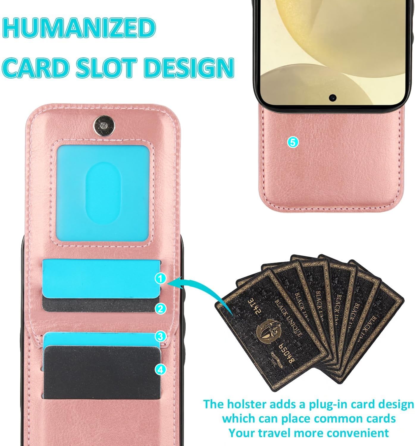 Asuwish Phone Case for Samsung Galaxy S24 FE 5G with Tempered Glass Screen Protector and Credit Card Holder Wallet Cover Stand Leather Cell Accessories S 24 EF S24FE 24S Women Rose Gold - Image 4