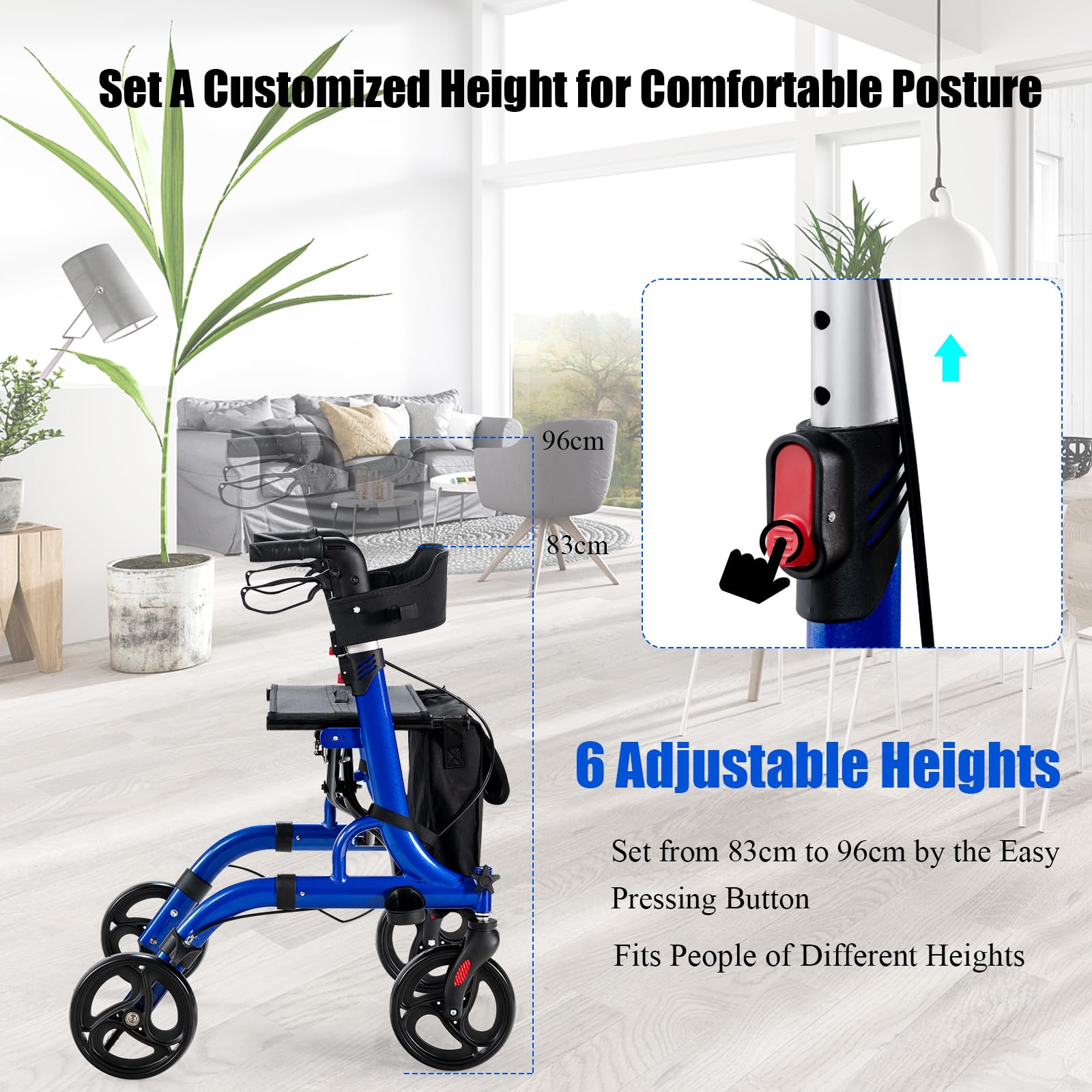 HOMASIS Andador plegable y ligero, con asiento y ruedas, Manijas ajustable, Rollator con sistema de doble freno, Bolsa de Almacenamiento, Aleación de aluminio hasta 150kg, 79,5x61,5x83-96cm (Azul)
