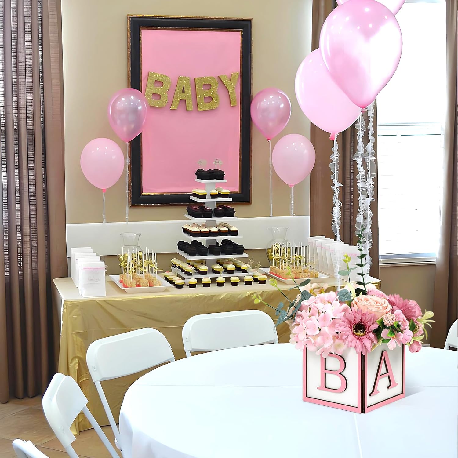 Baby Shower Centerpieces for Table - 4 Set of Wood Boxes with Baby Letters 6 x 6 inch Cube Planter Vase Baby Blocks for Boys Baby Shower Gender Reveal Favor - Pink