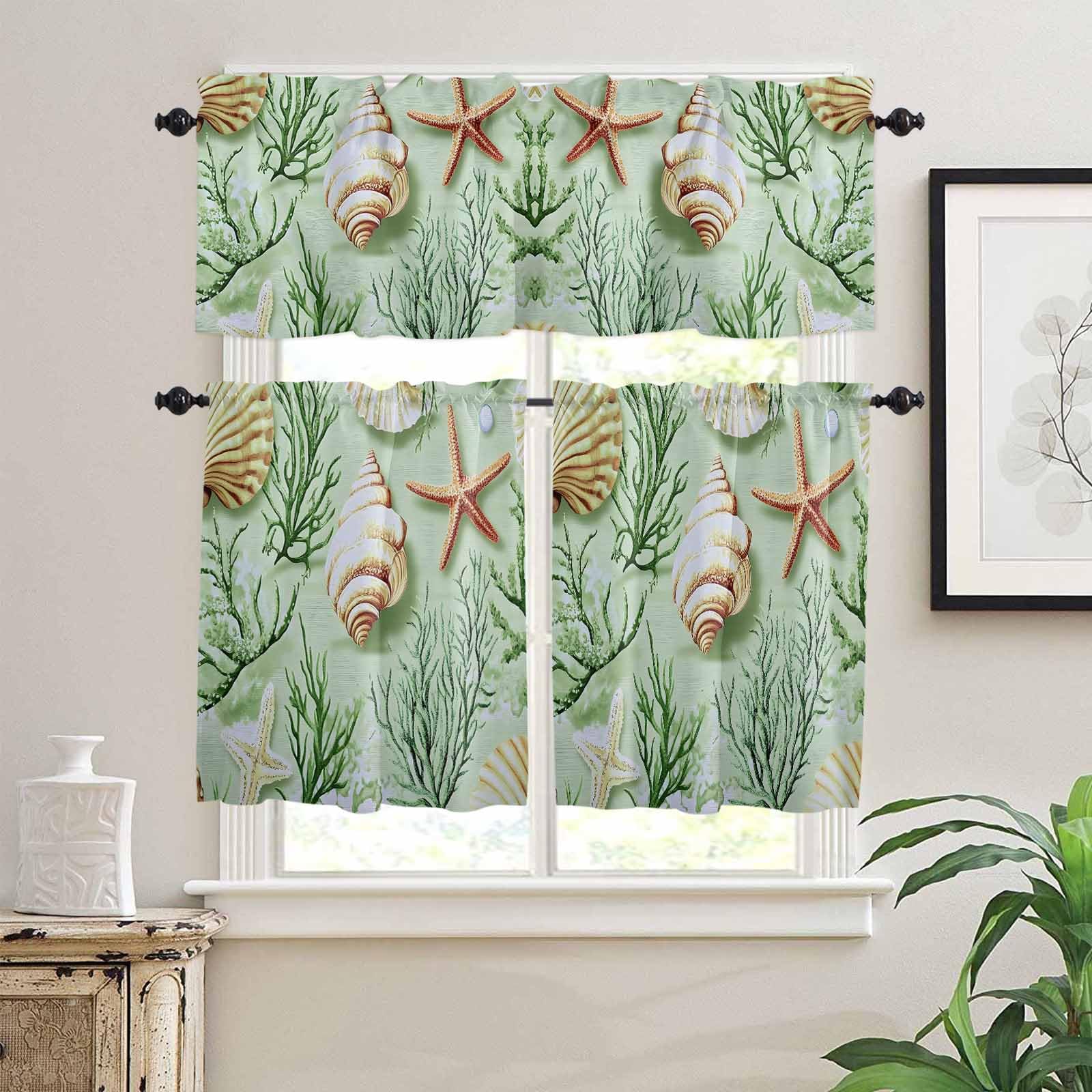 Sage Green Coastal Kitchen Curtains 24 Inch Length, 3 Piece Rod Pocket Small Half Tiers and Valance Set, Summer Ocean Seaweed Shell Small Large Window Treatment Decor for Bedroom/Bathroom Sink
