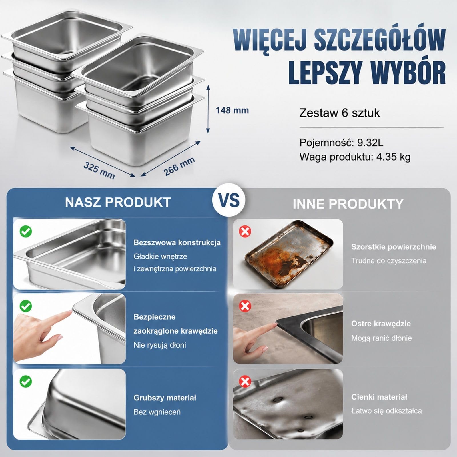 Zestaw 6 pojemników Gastronorm 1/2 ze stali nierdzewnej 201 do bufetu, cateringu, hotelu i stołu parowego