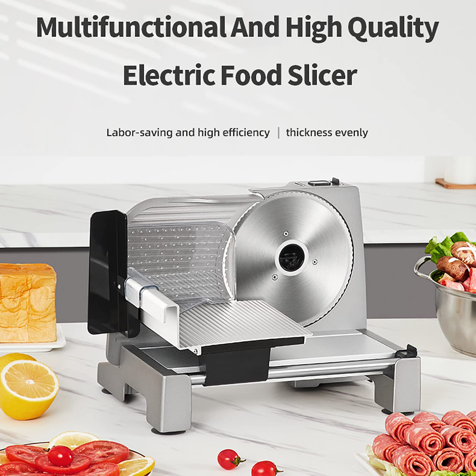 Hogar, Cortadora de Pan Eléctrica 200W con Cuchilla Extraíble de Acero Inoxidable y Empujador de Alimentos, Interruptor de Seguridad, Ajuste de Espesor 1-15mm, Prote