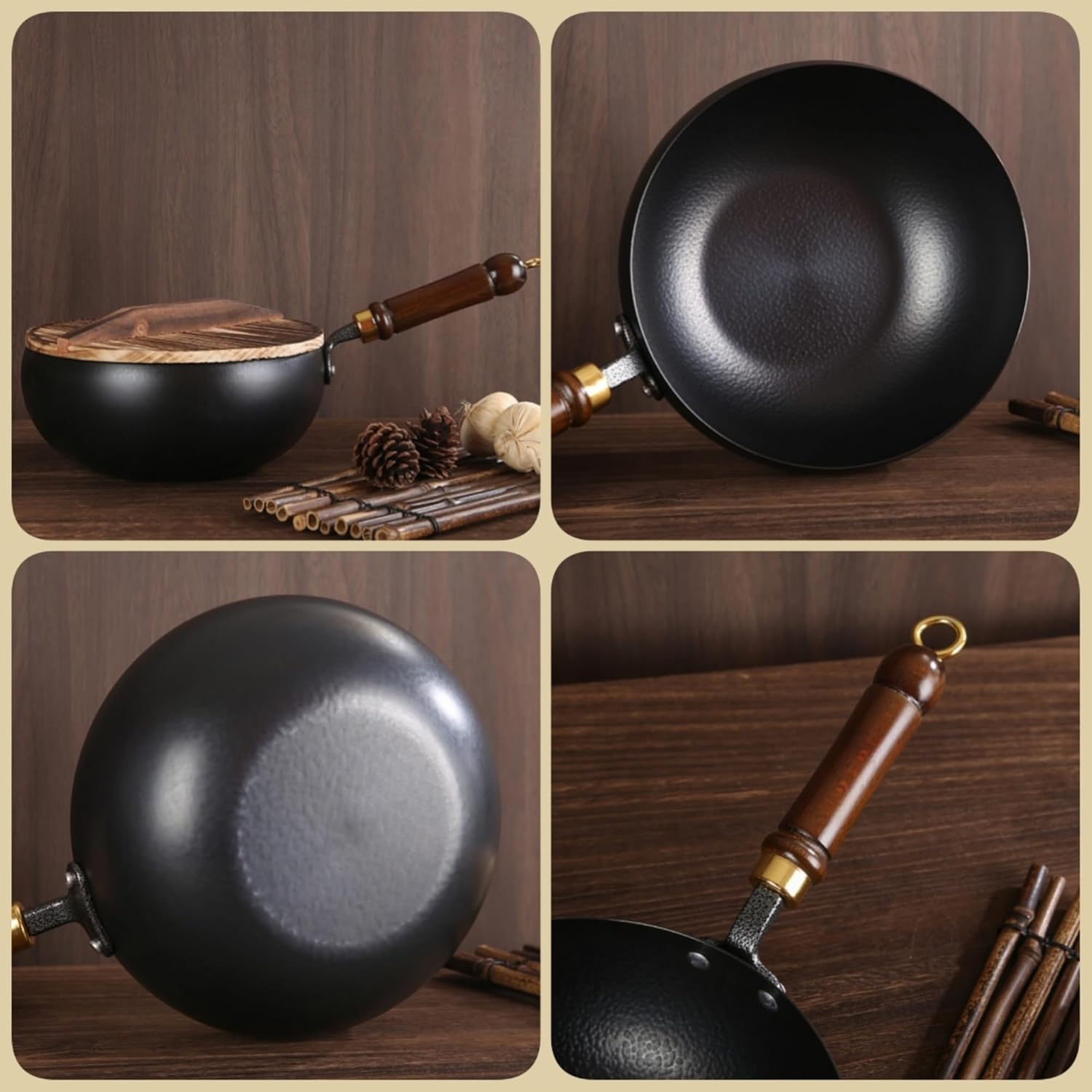 Japanese Iron Pan, Uncoated Iron Pan with Lid, Hand-Forged Non-Stick Pans without Coating Durable and Rust-Free for Kitchen Cooking Frying (Hammered Wood Lid,20cm/7.9'')