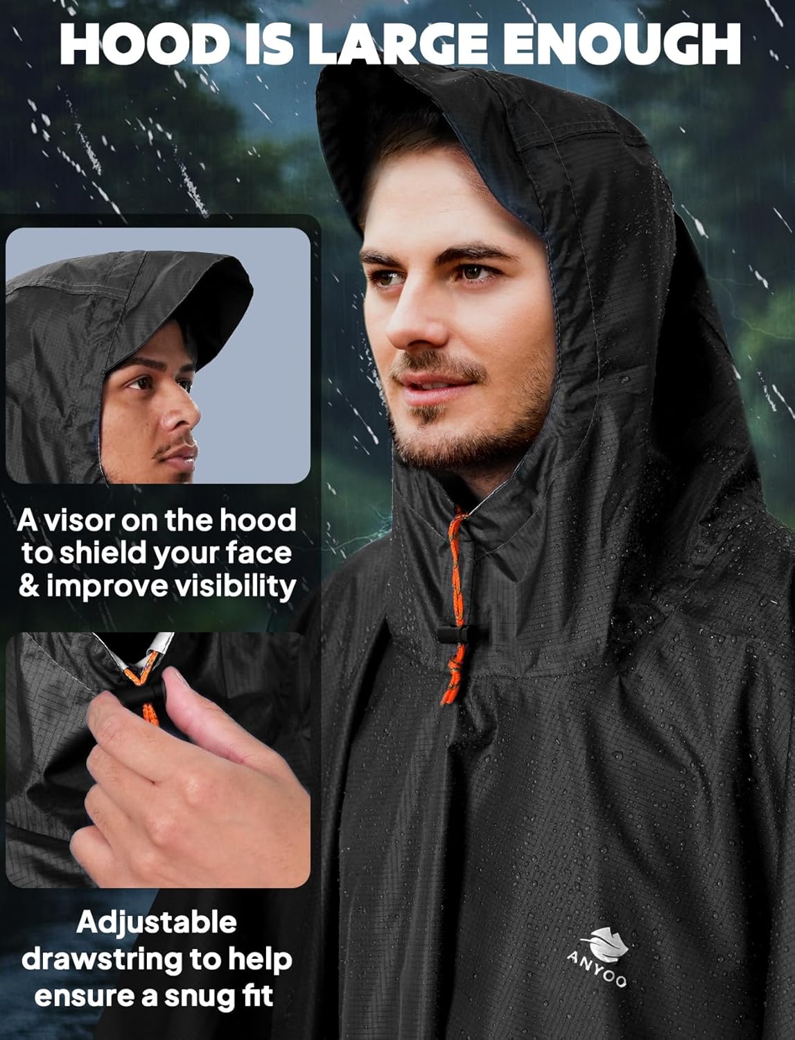 ANYOO Hooded Rain Poncho for Adults Waterproof Lightweight Rain Coat for Men Women Reusable Rain Jacket for Emergency Outdoor - Image 5