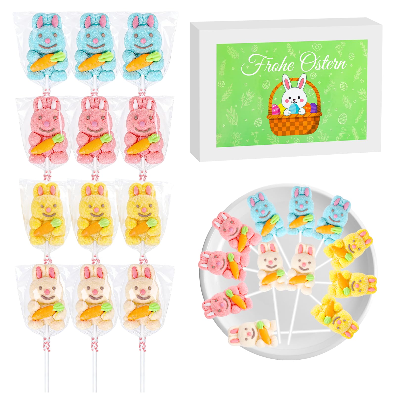 Ostern Süßigkeiten 12 Stück, Oster Lollis, Osterhase Süßigkeiten, Ostersüßigkeiten für Kinder, Einzeln Verpackt, Ostern Geschenke Kinder