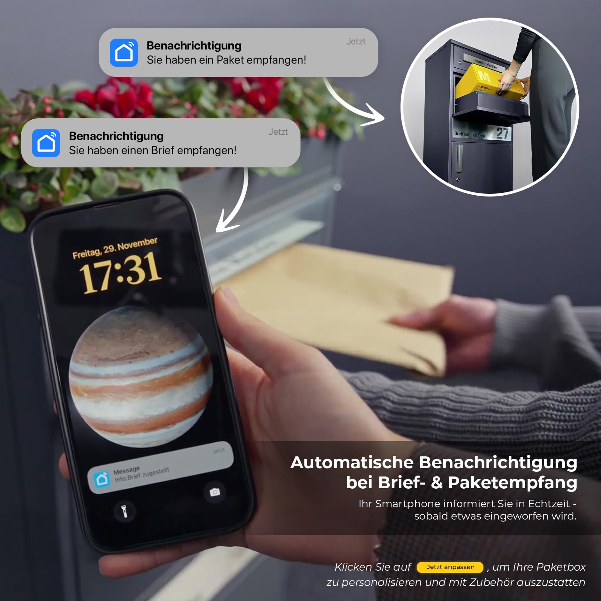 Metzler Paketbox, Briefkasten mit großem Paketfach in Anthrazit, personalisierte Paketbox für draußen, Standbriefkasten mit Paketfach, Paketkasten, Postbox mit Gravur, rostfrei und massiv - Bispo 2