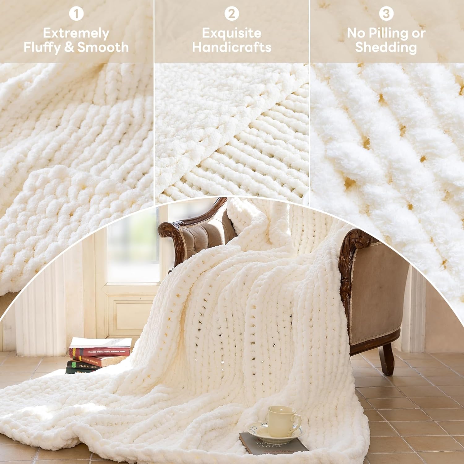 Chunky Knit Blanket - Luxury Soft Cozy 80 * 90 Throw Blanket,100% Woven Blanket Rope Knot Throw Blanket for Couch, Sofa, Home Decor, Gift - Machine Washable (Ivory White, 80 * 90) - Image 7