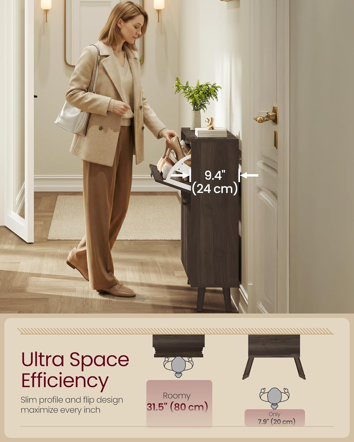 VASAGLE MAXE Collection - Shoe Storage Cabinet with 2 Flip Drawers, Freestanding Narrow Shoe Rack Organizer for Entryway, Fluted Doors, Fits 12-16 Pairs, Mid Century Modern, Walnut Brown UHSC202KF02S