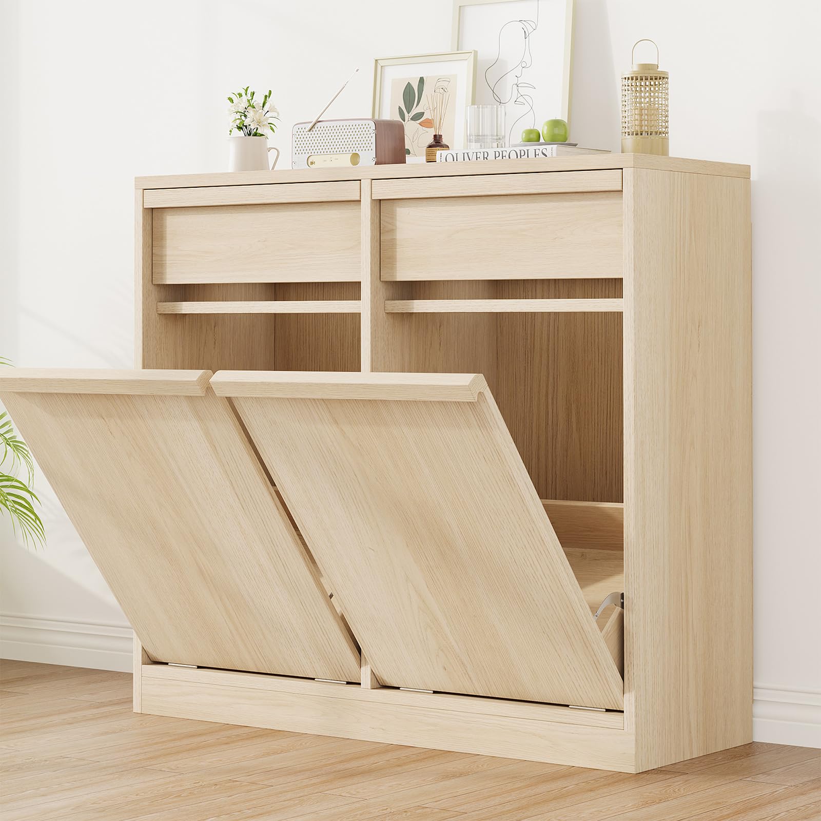 CABIHOME Double Tilt Out Trash Cabinet, Hidden Trash Cabinet with 20 Gallon Storage, Pet-Proof Freestanding Garbage Can Storage Laundry Hamper for