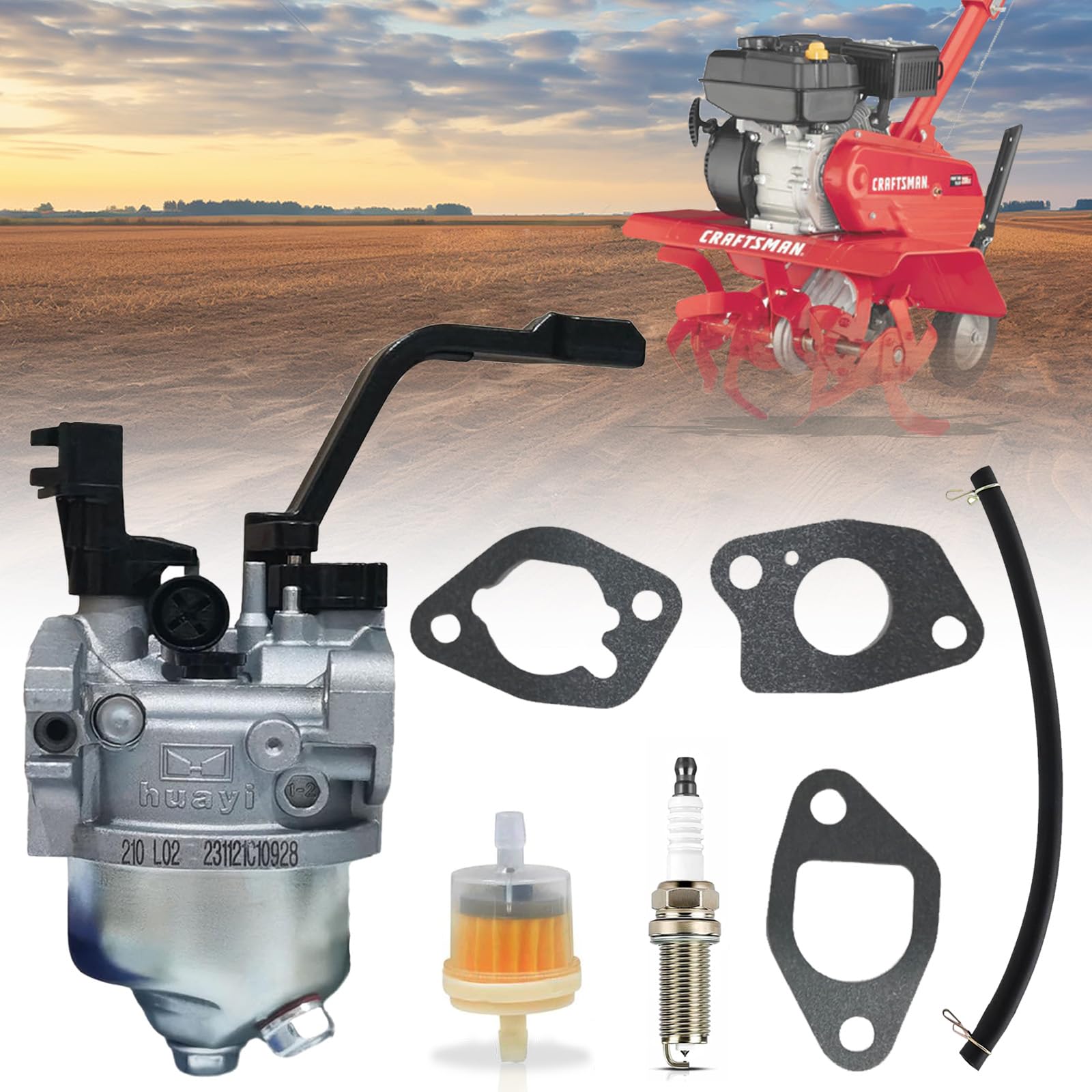Chikia Huayi 210 L33 Carburetor Kit Replacement for Craftsman LCT 24 INCH Tiller 917.299010 917.299011 Harbor Freight Predator 69675 69676 69728 69729 carb