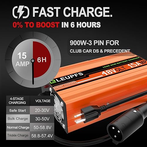 Miniatura 6 de Cargador de batería de carrito de golf de 15 amperios y 48 voltios para Club Car DS & Precedent, carga de goteo, carga completa de 4 a 6 horas, para