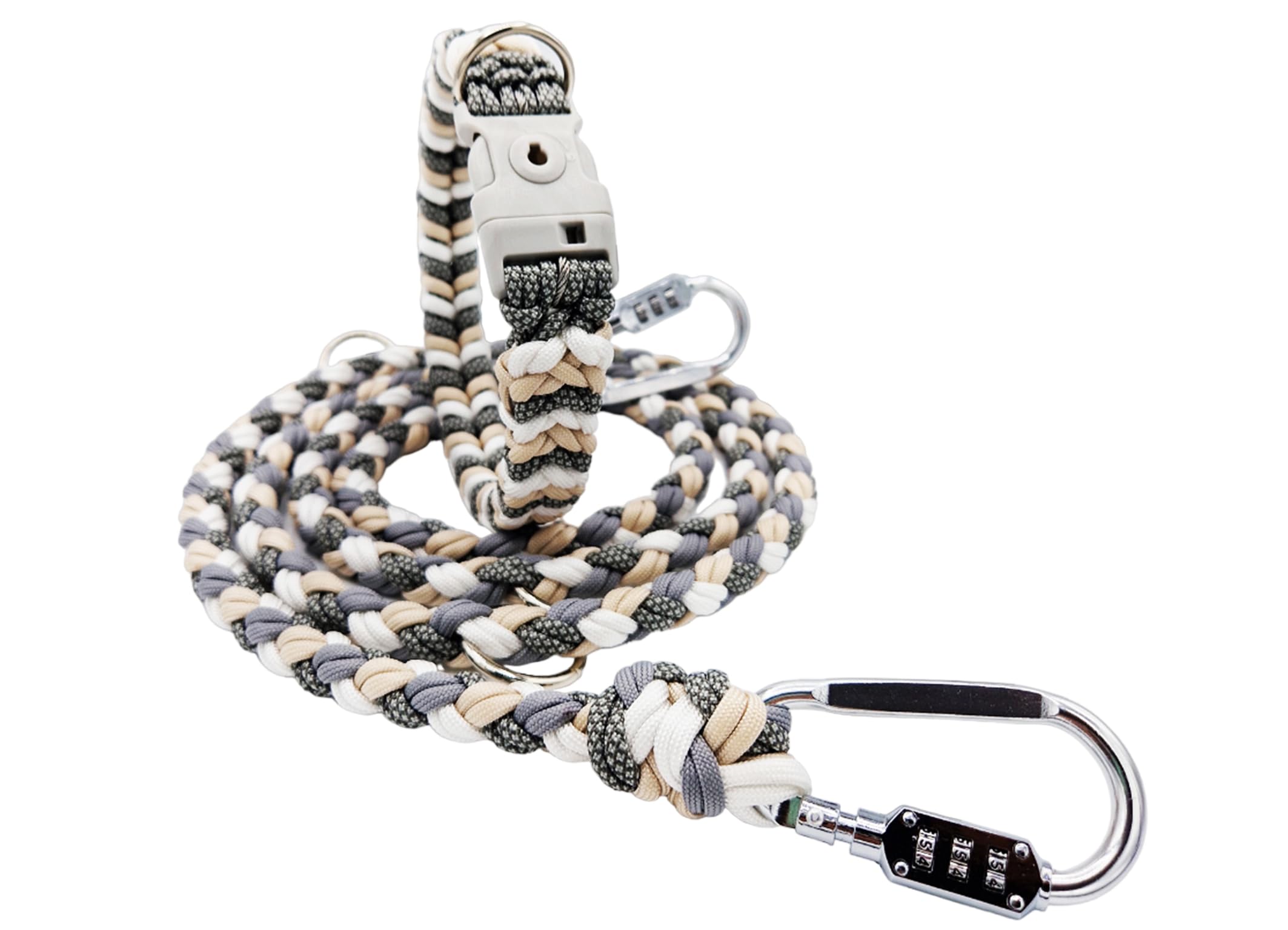 Diebstahlschutz-Hundeleine und Halsband Set, Abschließbar mit Schloss, Mehrfach verstellbar, Geflochten aus Paracord, Beige & Grau & Weiß (M (Leine: 180cm))