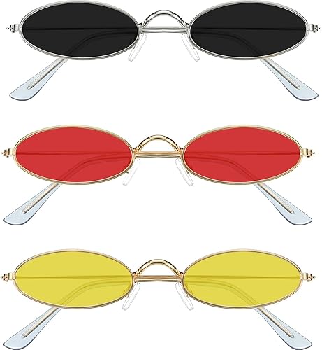 3 lentes de sol ovalados vintage, retro, delgados, marco de metal, gafas ovaladas, pequeñas gafas de sol vintage, colores dulces para hombres y