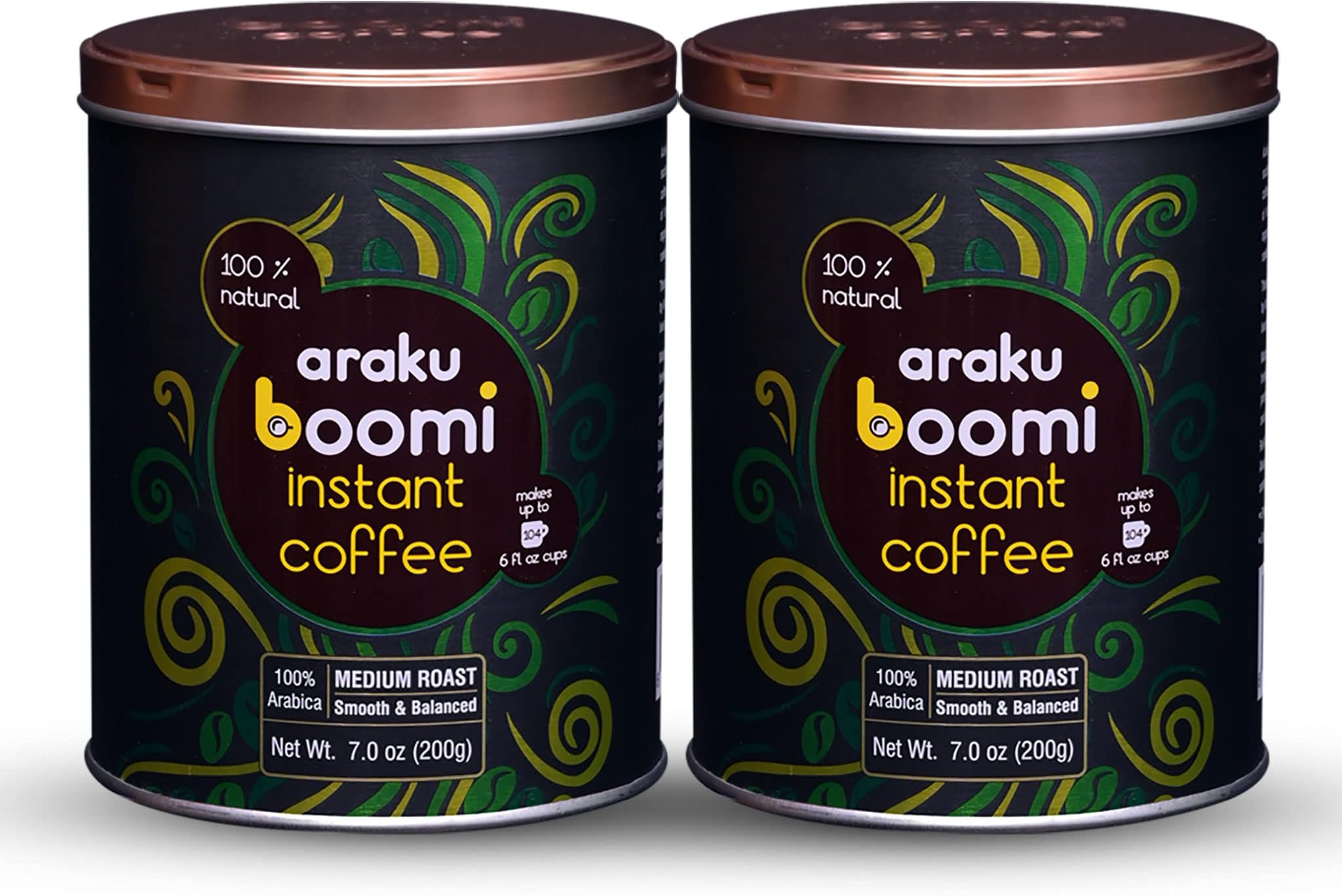 Boomi Premium Single Origin Instant Coffee Powder - Medium Roast, 100% Arabica, Mold & Mycotoxin Free, Low Acid | 7oz Tin (2 Pack)