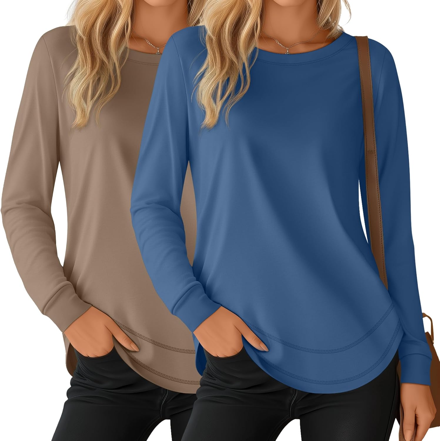 Riyiper 2 Pack Women's Crew Neck Sweatshirts, Cotton Long Sleeve Casual Shirts Loose Fit Tunic Tops Plain Basic Pullover Tees